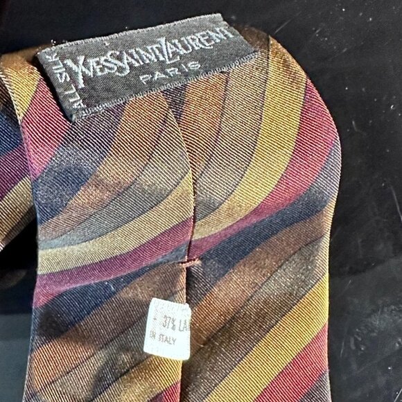 Yves Saint Laurent YSL Mens Tie Silk Neckwear Striped Neutral Red Gray Brown - Picture 6 of 6